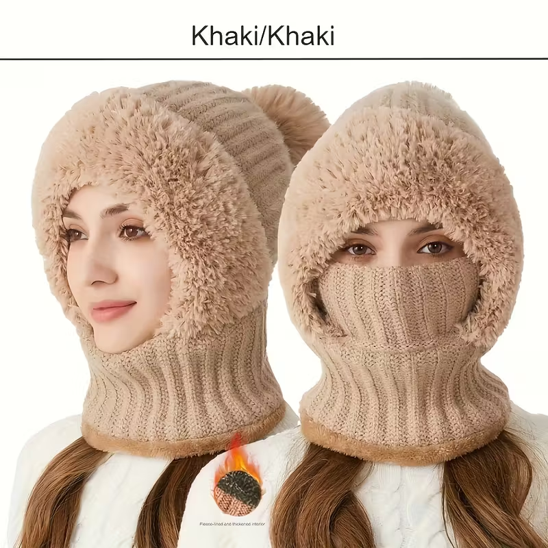 A winter essential for women: a 2-in-1 fleece-lined knitted hat.