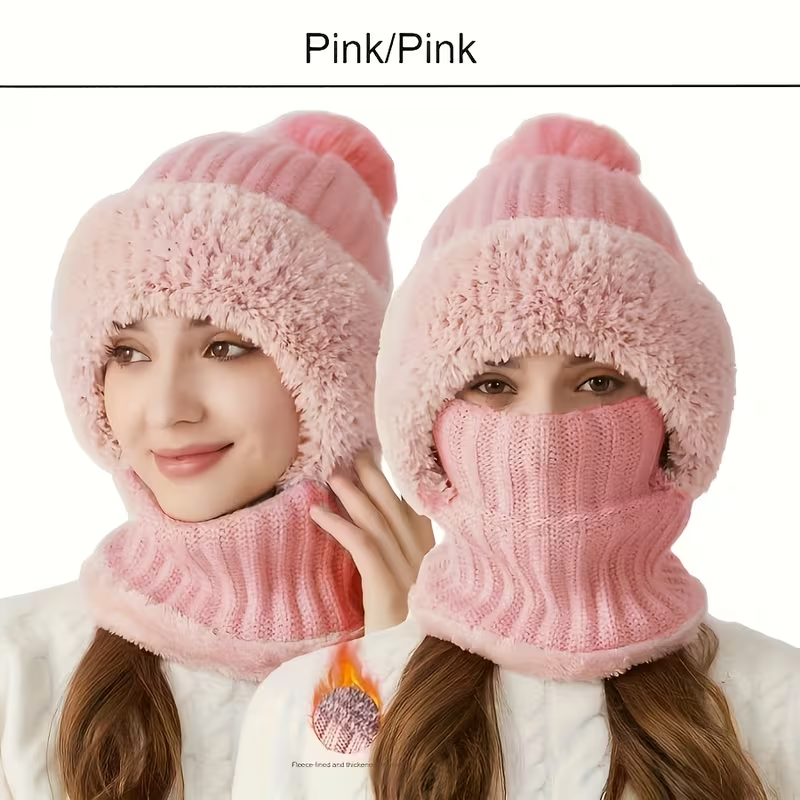 A winter essential for women: a 2-in-1 fleece-lined knitted hat.