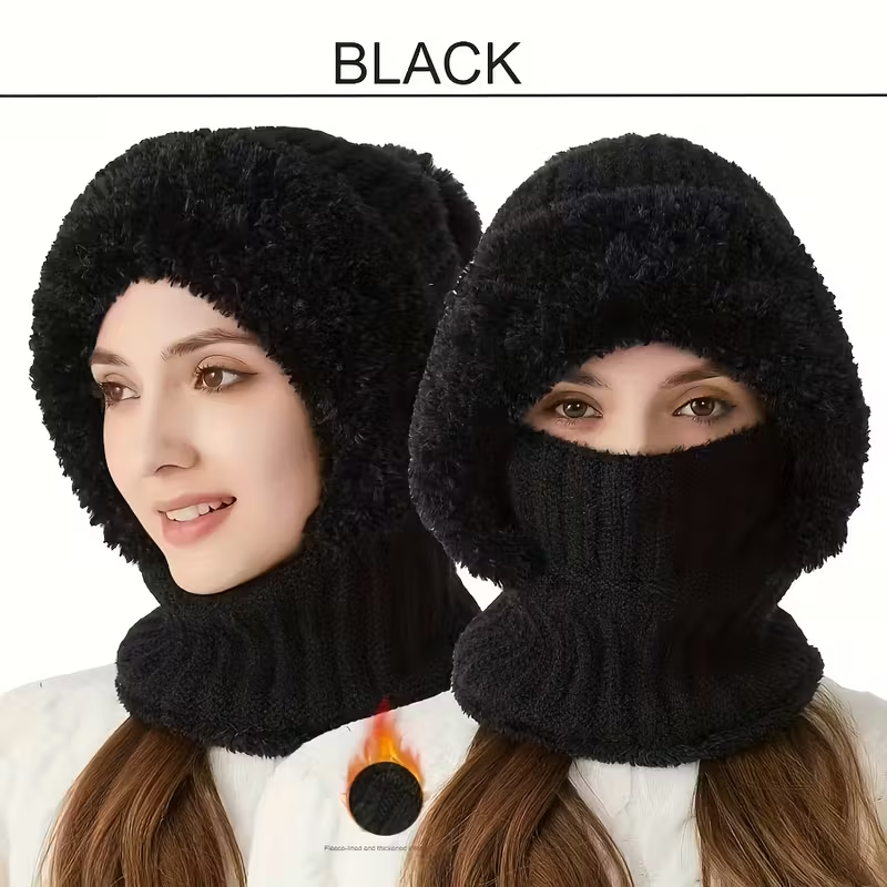 A winter essential for women: a 2-in-1 fleece-lined knitted hat.