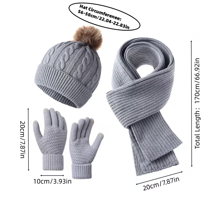 3-piece adult thermal set - winter hat, scarf, and gloves.