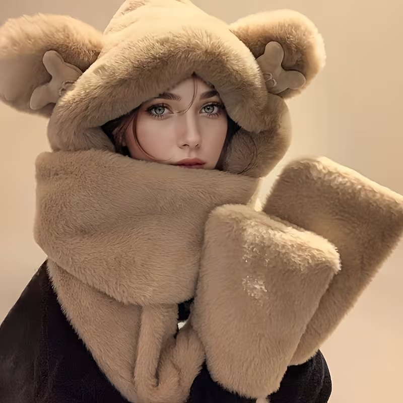Winter warm hat, scarf and gloves three-piece set, thick and cute plush bear scarf for women, faux rabbit fur.