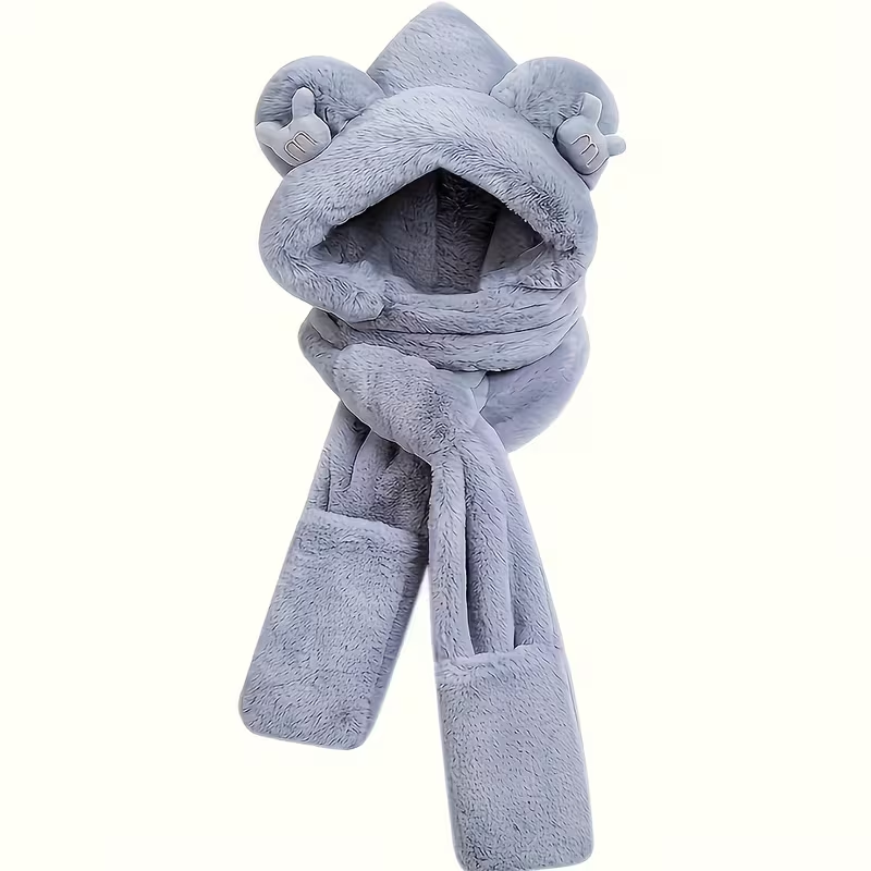 Winter warm hat, scarf and gloves three-piece set, thick and cute plush bear scarf for women, faux rabbit fur.