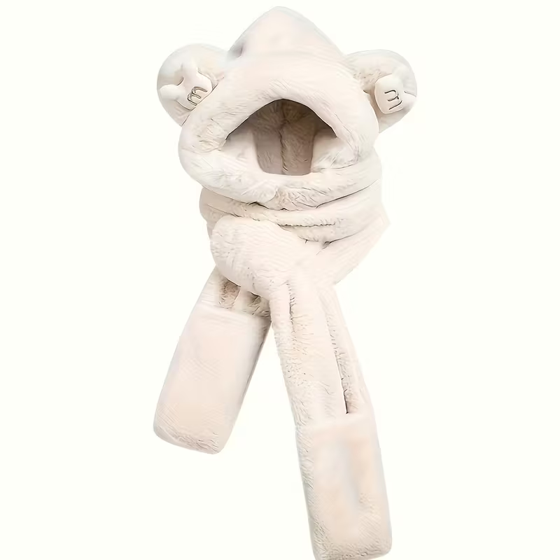 Winter warm hat, scarf and gloves three-piece set, thick and cute plush bear scarf for women, faux rabbit fur.
