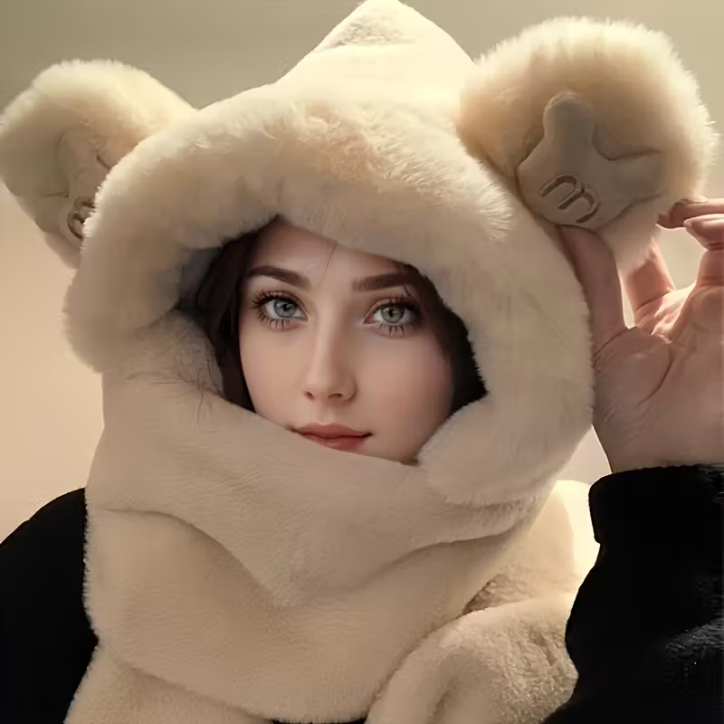 Winter warm hat, scarf and gloves three-piece set, thick and cute plush bear scarf for women, faux rabbit fur.
