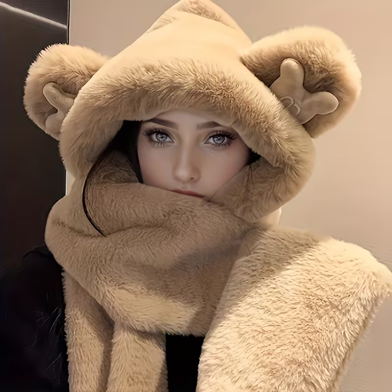Winter warm hat, scarf and gloves three-piece set, thick and cute plush bear scarf for women, faux rabbit fur.
