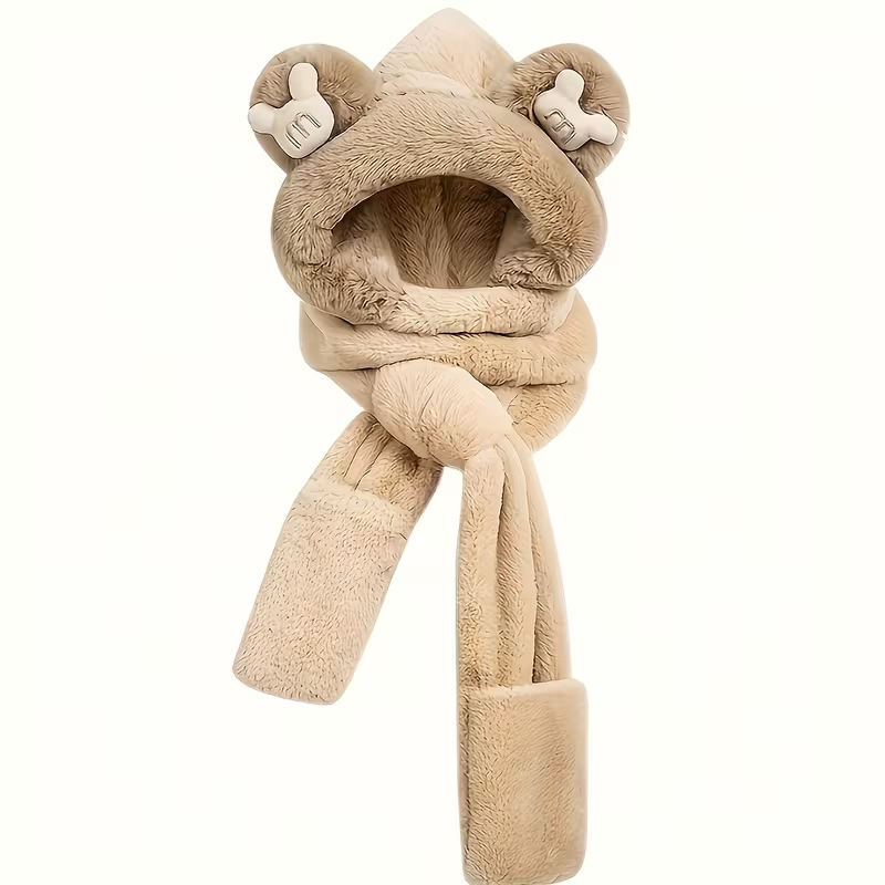 Winter warm hat, scarf and gloves three-piece set, thick and cute plush bear scarf for women, faux rabbit fur.