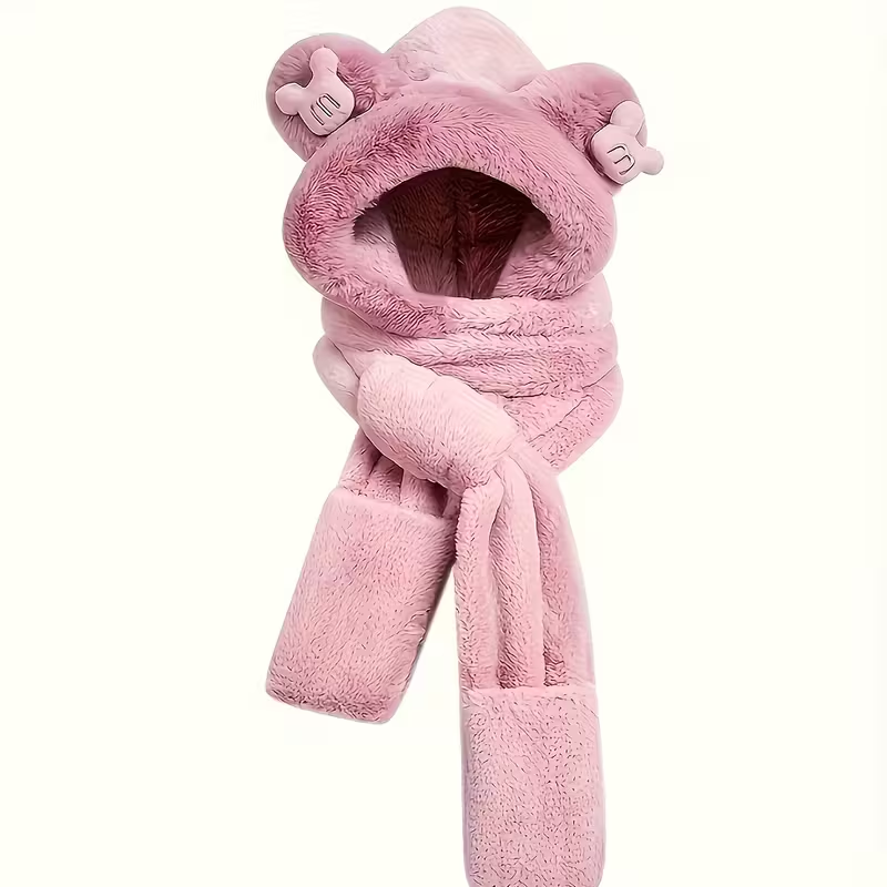 Winter warm hat, scarf and gloves three-piece set, thick and cute plush bear scarf for women, faux rabbit fur.